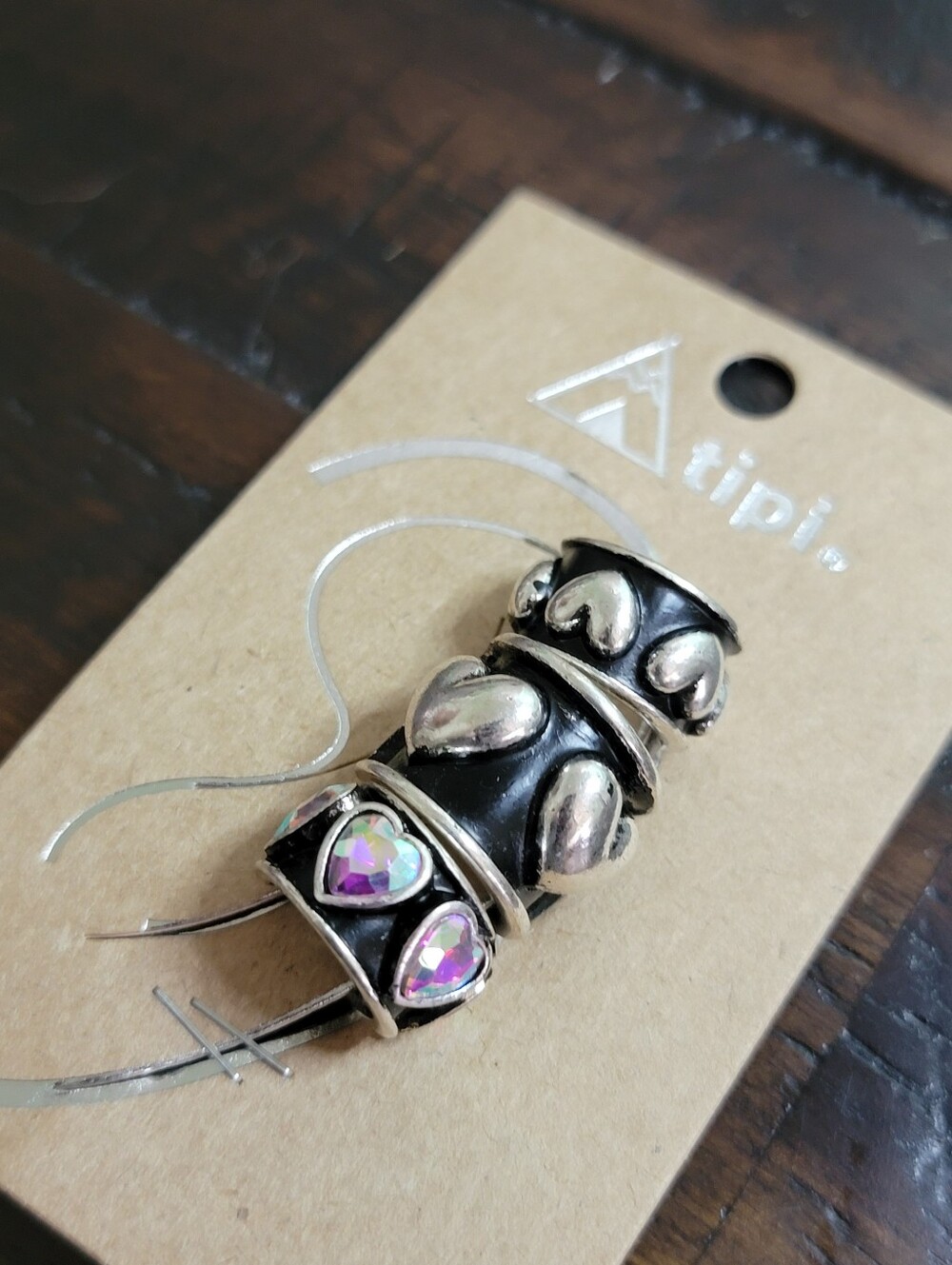 Black and Silver Heart Trio Ear Cuffs with Iridescent Accents - Women Jewelry